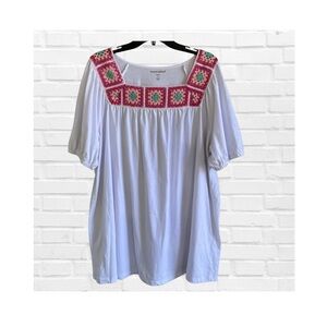 Woman Within White Tunic Top Pink Green Crochet Granny Squares Size 1X Peasant